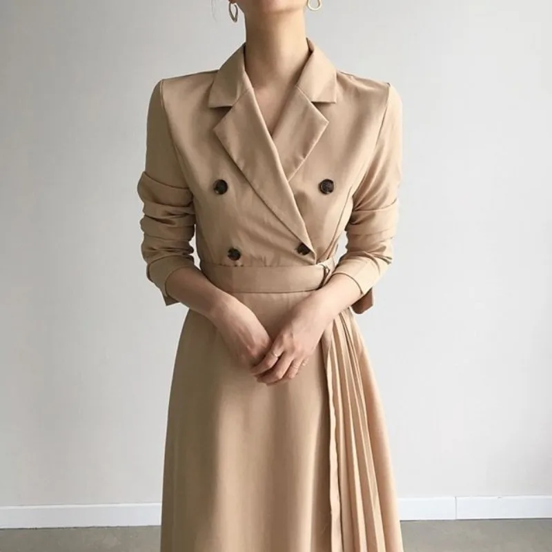 

Spring 2022 A-Line Woman Dresses Doule-breasted Nothed Collar Elegant High Waist Office Lady Long Sleeve Dress for Women Party