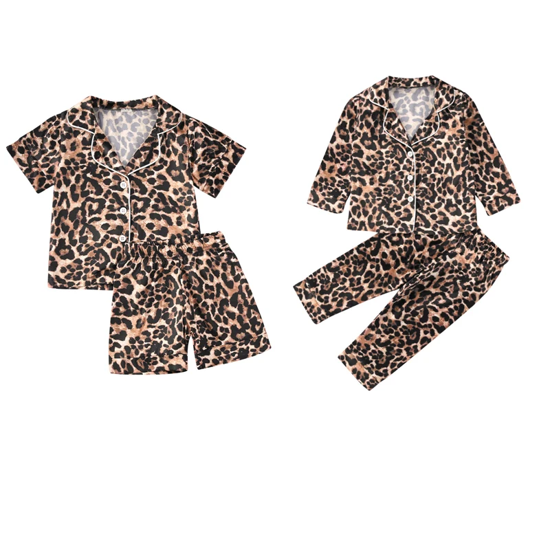 2020 New 1-6Years Fashion Toddler Baby Boy Girl Leopard Pajamas long / short sleeve Top Pants Button-Down Sleepwear Nightgown