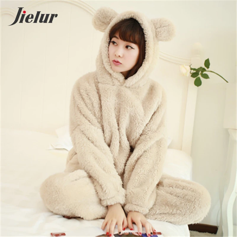 

Jielur Winter Thick Warm Hooded Women Pajama Sets Cartoon Long Sleeve Shirt+Pants Home suit Print Femme Pijama Feminino M-XXL