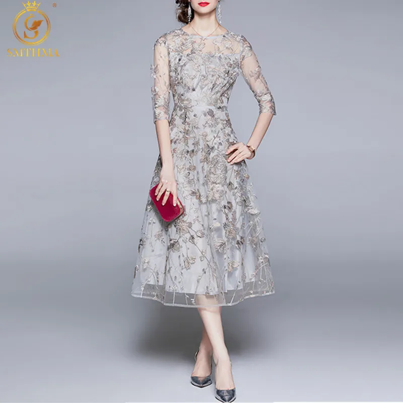 SMTHMA New Fashion Designer Runway Summer Dress Women Half Sleeve Gorgeous Flowers Embroidery Mesh Vintage Party Dress