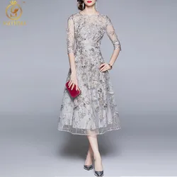 SMTHMA New Fashion Designer Runway Summer Dress Women Half Sleeve Gorgeous Flowers Embroidery Mesh Vintage Party Dress