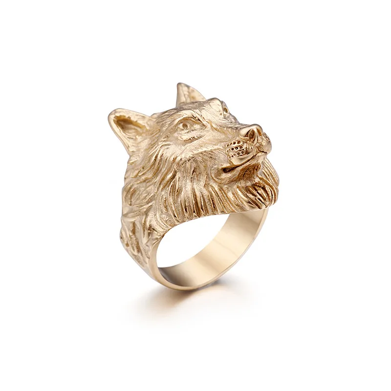 Vintage Handmade Stainless Steel Plated Gold Personality Domineering Men\'s Wolf Head Ring