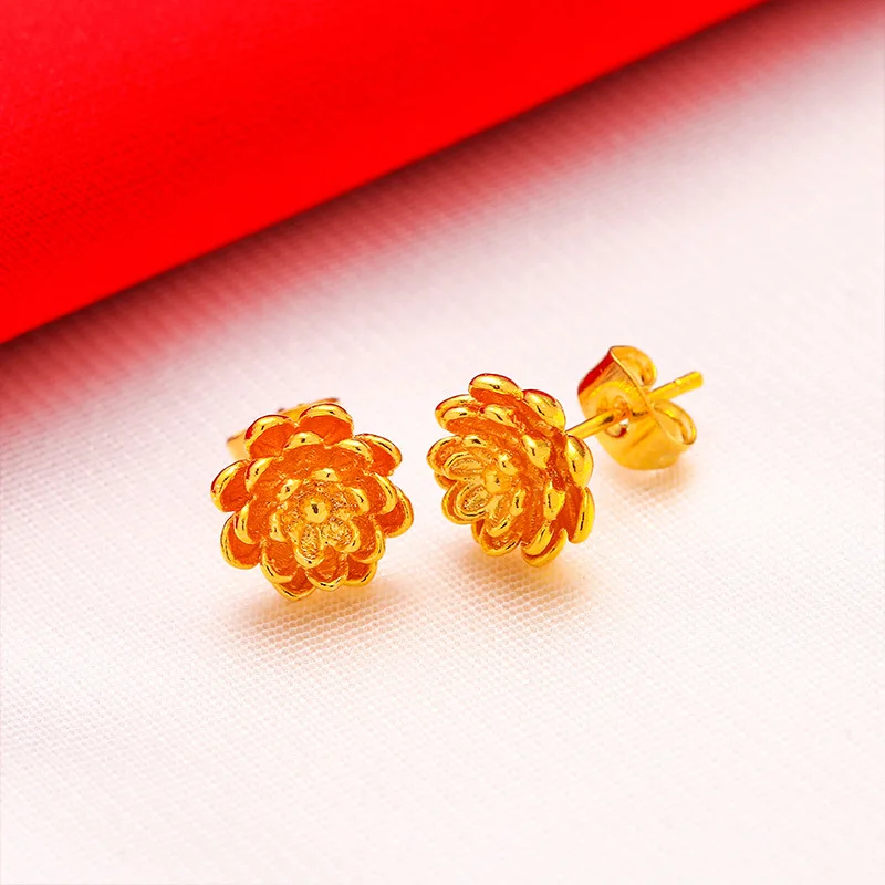 KISS&FLOWERGold Vintage Flower Lotus Stud Earrings Woman Birthday Wedding Party Christmas Bride Mother Girlfriend Lady Gift ER12