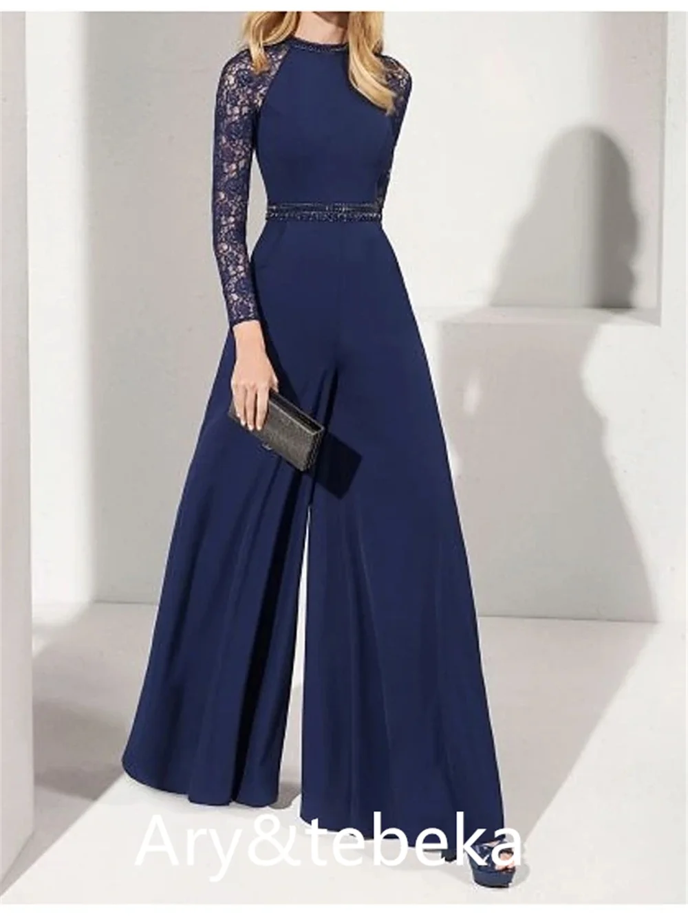 

Jumpsuits Elegant Wedding Guest Formal Evening Dress Jewel Neck Long Sleeve Floor Length Chiffon with Sash / Ribbon Beading 2022