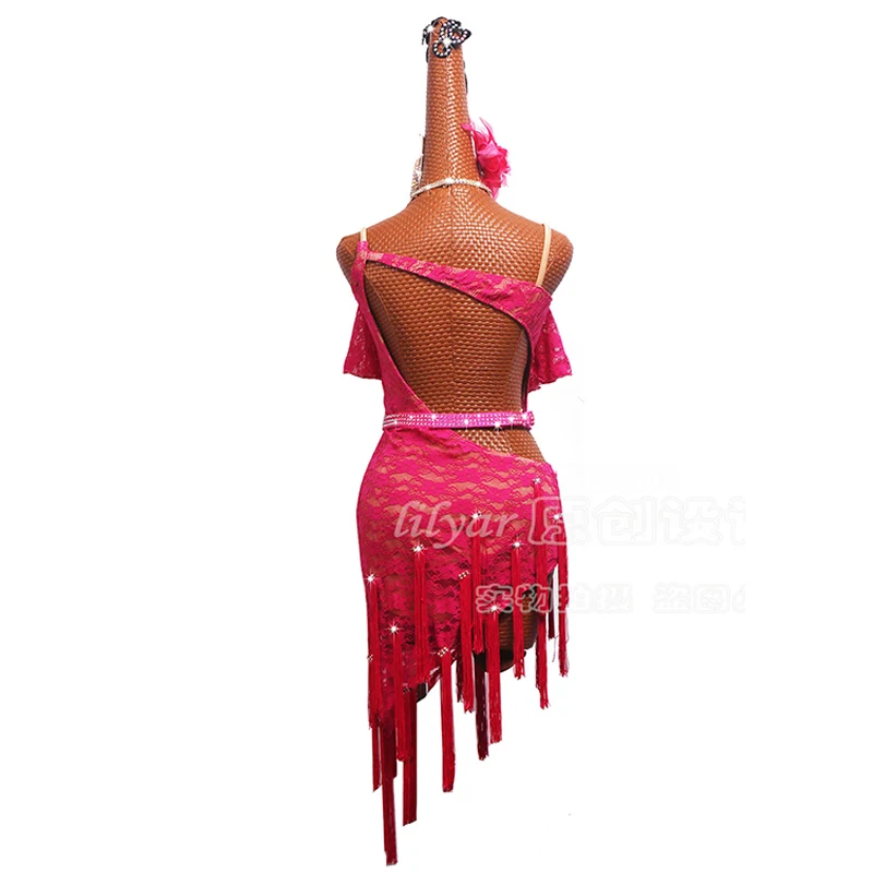 New Latin Dance Dress Competition Performance  Adult Rose Red Lace Sparkle Dance Dress