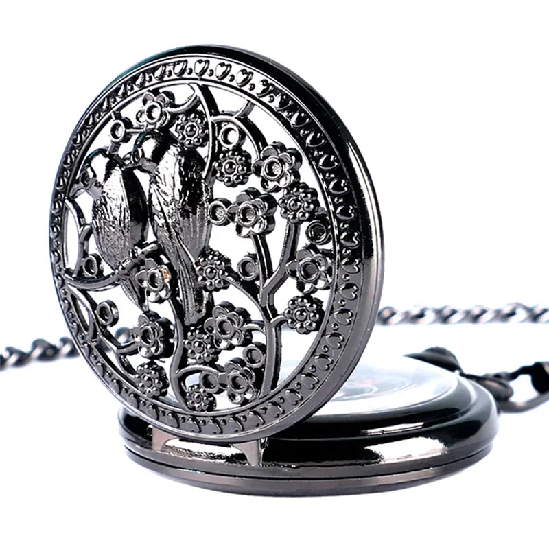 Antique Pocket Watch Hollow Out Bird Case Unisex Handwinding Mechanical Watches Men Women Black Clock Pendant Chain