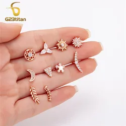 2pc Surgical Steel Ear Cartilage Earlobe Tragus Piercing Ball Bar Rose Gold Color Moon Star Flower Stud Earrings 16G Ear Jewelry