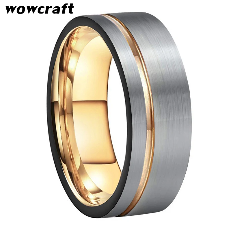 Tungsten Men\'s Rings Black and Rose Gold Wedding Engagement Band Brushed Finish Fashion Jewelry Grooved Ring Sizes 5 to 15