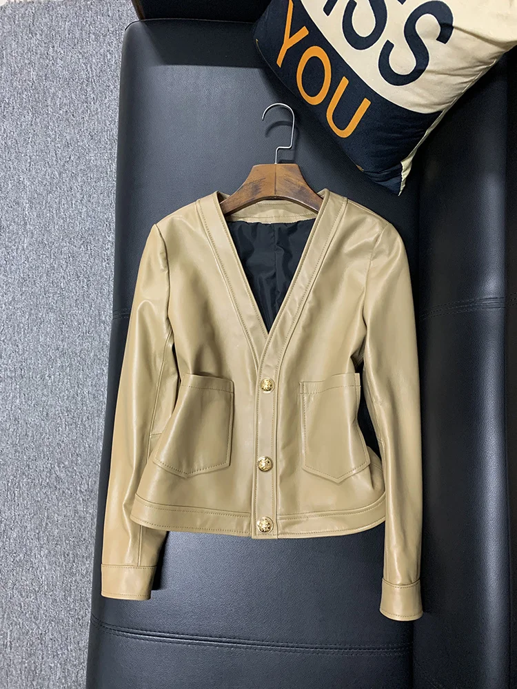 Chaqueta de piel auténtica Vintage para mujer, abrigo de pelo auténtico de oveja, Chaqueta corta ajustada elegante, abrigos de cuero para mujer, Top