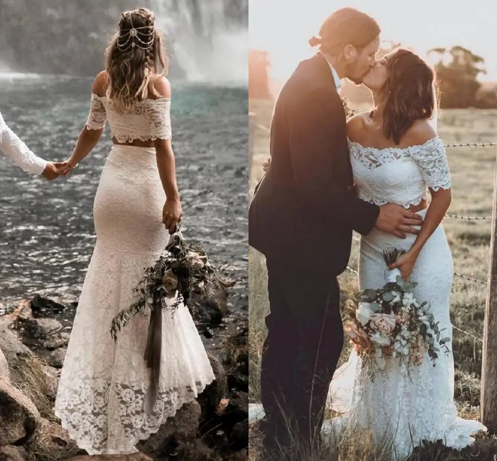 Vestidos De Novia De playa De dos piezas De encaje personalizados, preciosos Vestidos De Novia bohemios De jardín con hombros descubiertos, Vestidos De Novia Country