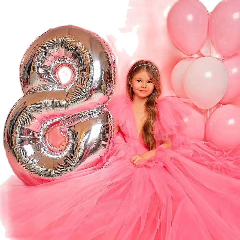 Vestidos rosas de flores para niña, vestidos de tul con capas, vestidos de primera comunión, mangas abullonadas con lazo, vestidos de novia pequeños para boda