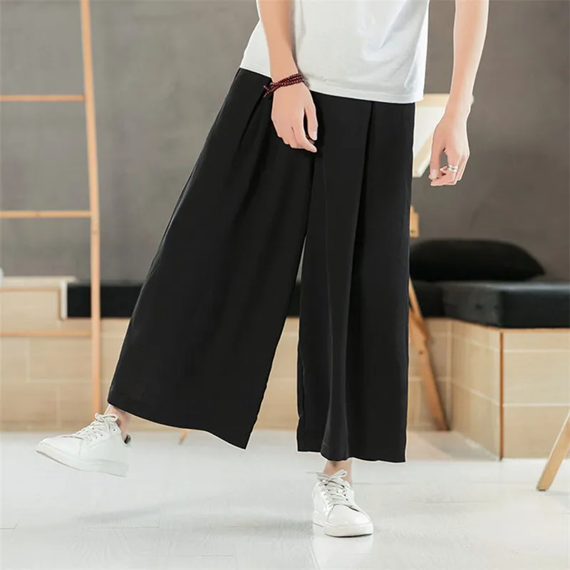 Thin Cotton Linen Wide Leg Pants Men Simple Cool Hip Hop Bloomers Pants Men's Ankle-Length Straight Trousers Large Size M-8XL