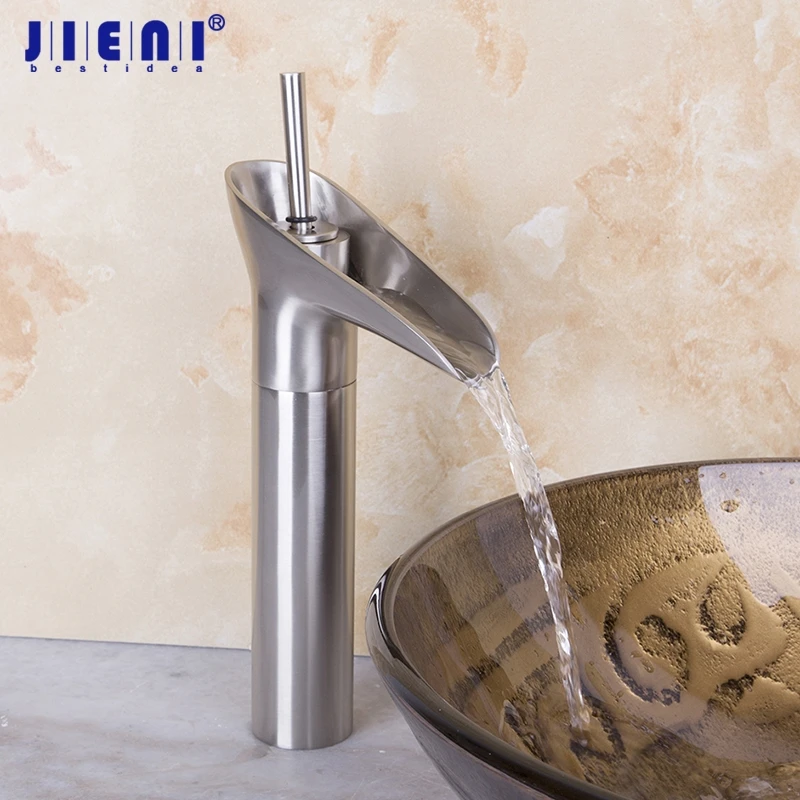 

JIENI Brushed Nickel Waterfall Bathroom Sink Basin Single Handle Mixer Tap Faucet Water tall Counter Top Tap