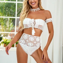 Haak Gebreide Off Shoulder Tweedelige Badpak Vrouwen Zomer Lace Up Crop Top Hoge Taille Bottom Bodycon Badpak Immadman 3902