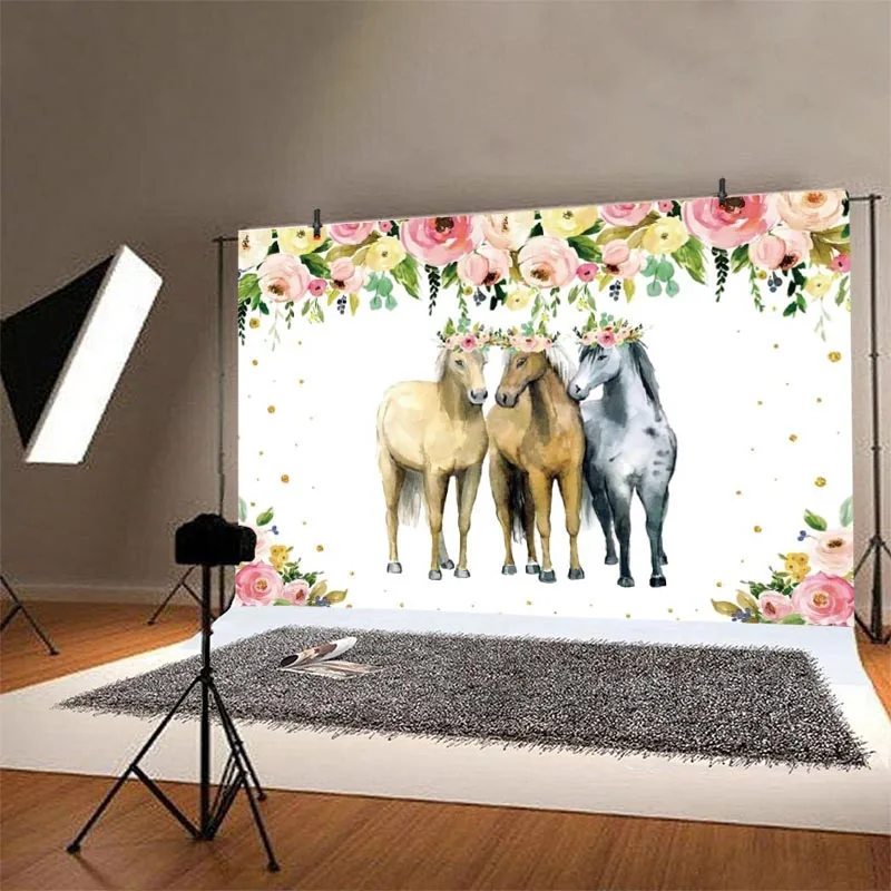 Pano de fundo de festa de cavalo, fantasia de cowboy, garotas, flores, aniversário, fundo de fotos, cabine de estúdio, adereços de decoração, faixa
