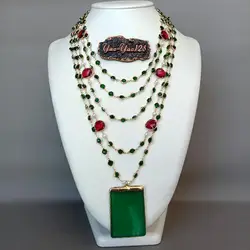 5 Strands 18'' White Pearl Green red Crystal Chain Necklace Green Agates Pendant handmade vintage party style for women jewelry