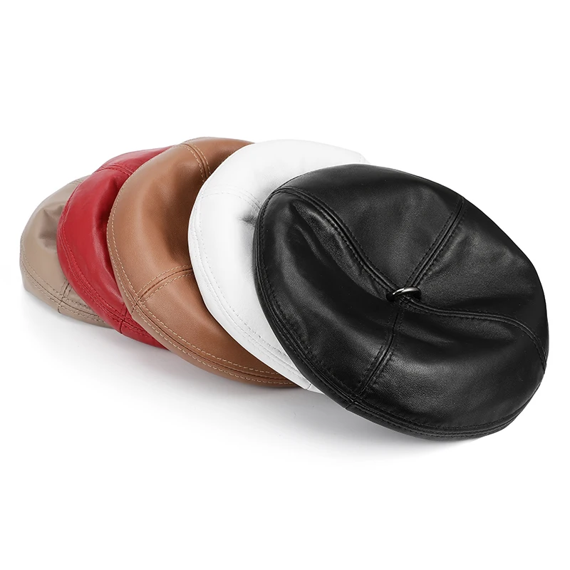 YY2051 British Retro Women Genuine Leather Round Cap Beret Hats Female Japanese Brimless White/Red Bud Painter Caps Mujer Bonnet