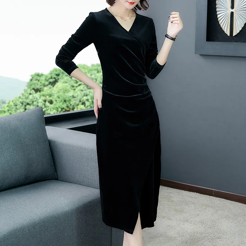 Bodycon Elegant Black Velvet Midi Dress 2024 Women Office Lady Party Vestidos Autumn Winter Vintage Korean Hepburn Casual Dress