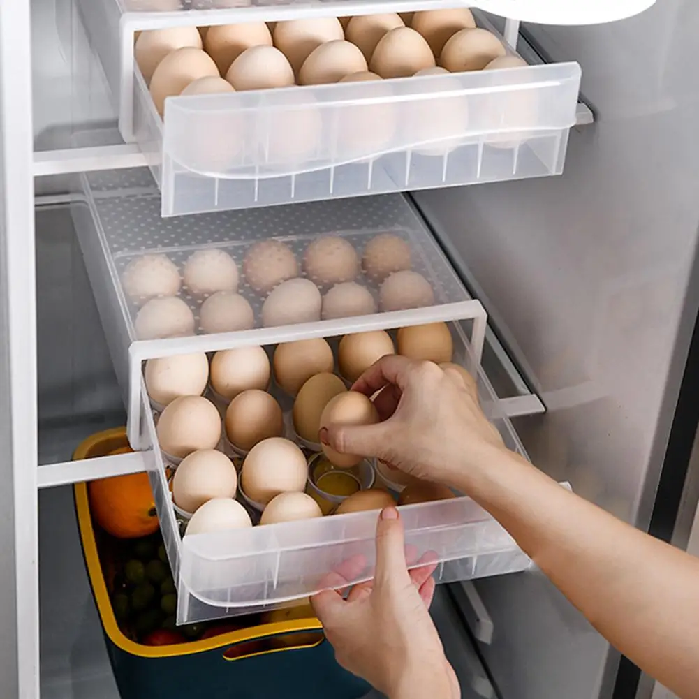 Single-Layer 30 Grid Egg Storage Rack Transparent Anti-collision With Lid And Drawer Stackable Kitchen Refrigerator Storage Box