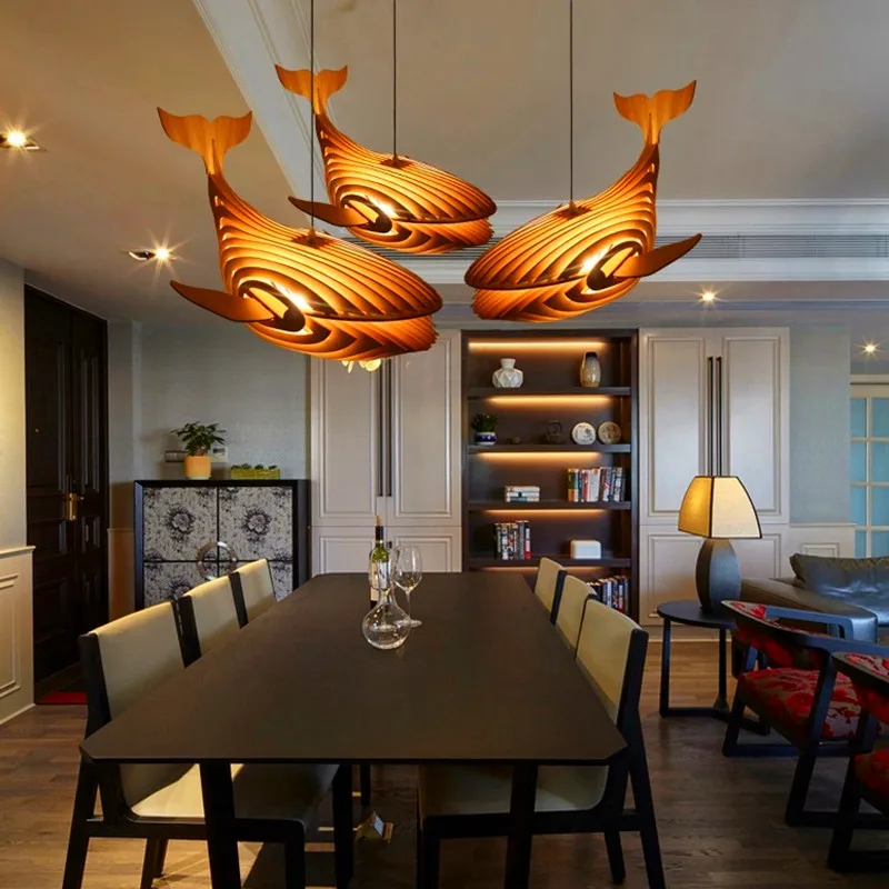 Nordic wood chandelier lighting E27 fish chandeliers design Whale Light for Kids Room Japanese Sushi Bar minimalist decor light