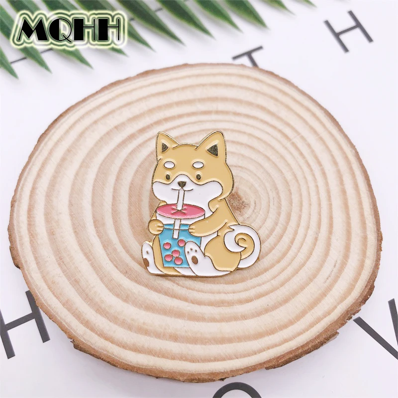 Cartoon Cute Animals Enamel Brooch Dog Shiba Inu Drink Water Pin Custom Alloy Badge Clothes Bags Punk Accessories Jewelry Gifts