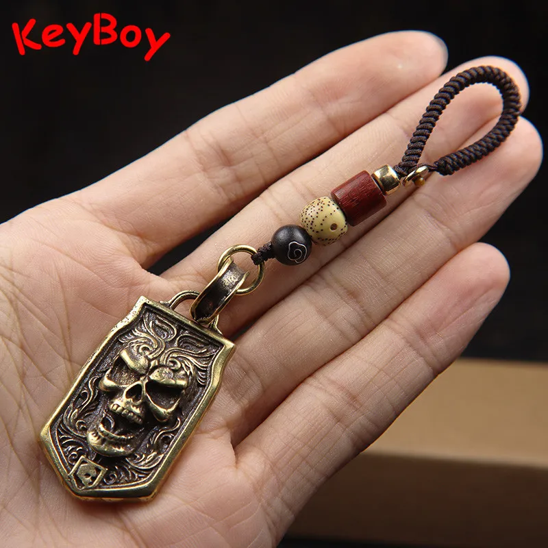 Vintage Skull Head Hanging Tag Lanyard Pendants for Keychain Punk Rock Hip Hop Men Trendy Jewelry Pure Brass Cool Keyring Charms