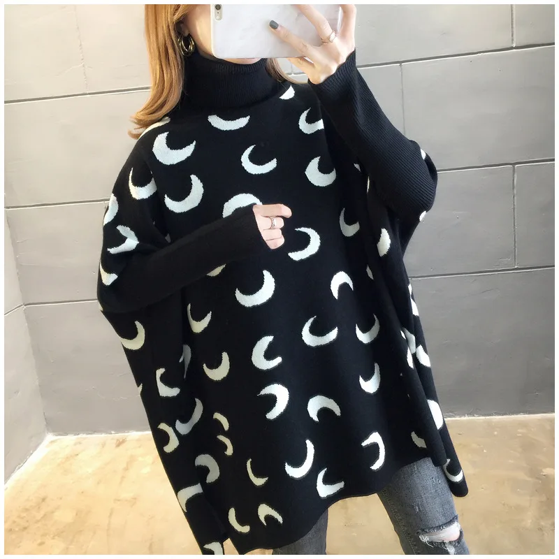 Moon Pattern Colorblock Sweater Femal Bat Sleeve High Collar Loose Large Size Side Slit Mid-length Pullover Jumpers Women Spring