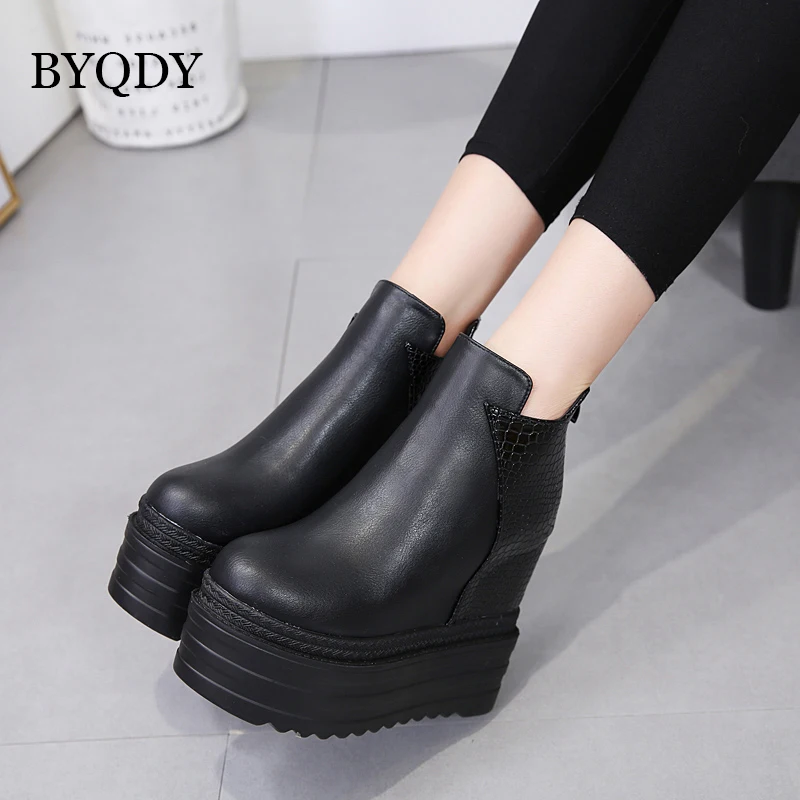 BYQDY 12.5cm Heel PU Leather Platform Boots Autumn Women Ankle Boots Black Height Increasing Round Toe Punk Wedges Boots Female