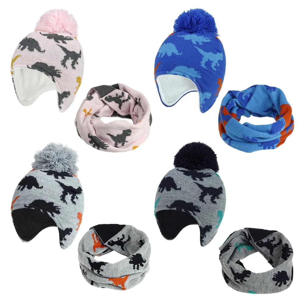 Kids Winter Hat Neck Gaiter Set Baby Toddler Boys Girls Dinosaur Fleece Lined Earflap Pompom Hat Neck Warmer Scarf Cold Weather