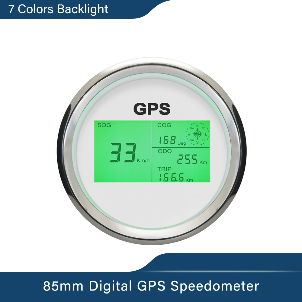 HD Universal 85mm Digital GPS Speedometer 7 Colors Backlight LCD Speed Gauge Odometer Course with GPS Antenna Mileage Adjustable