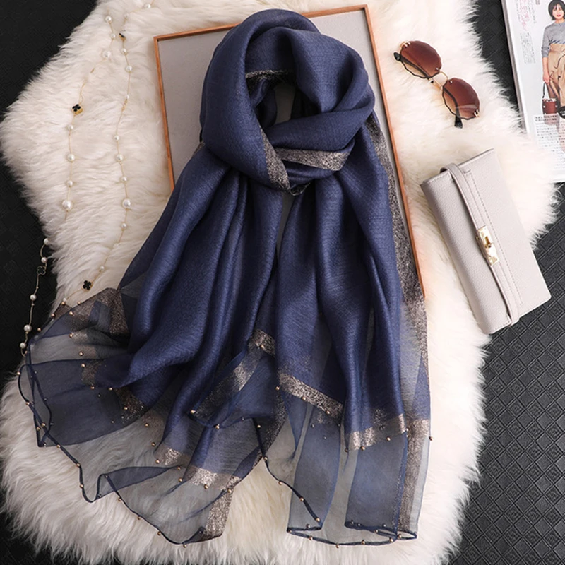 

Pure color scarf women oversized wild fashion shawl female simulation silk soft shawl scarf female beaded scarf sunscreen scarf