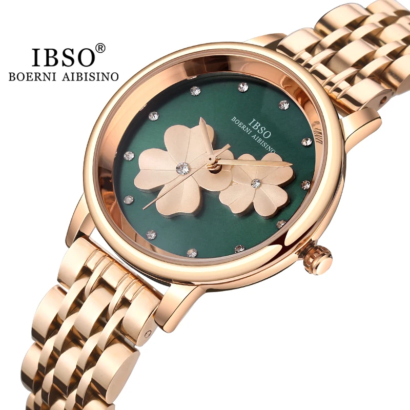 IBSO Clover 3D Luxury Green Women Watches Stainless Steel/Leather Strap 3 Color Options Flower Geneva WristWatch Ladies Gifts