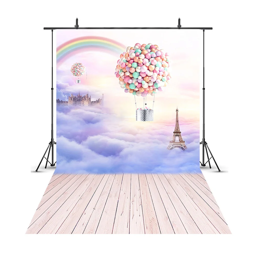 

MOCSIKA Newborn Baby Shower Adventure Photography Backdrop Hot Air Balloon Background for Photo Studio Wood Floor backdrops