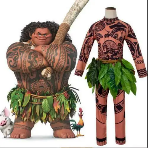 Camiseta y pantalones de tatuaje de Moana Maui para adultos, Disfraces de Halloween para hombres y mujeres, decoración de hojas, Cosplay de Halloween