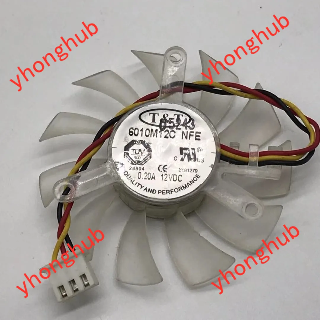 

T&T 6010M12C NFE DC 12V 0.20A 55 mm Dia. 39mm c.t.c 3-Wire Server Frameless Fan