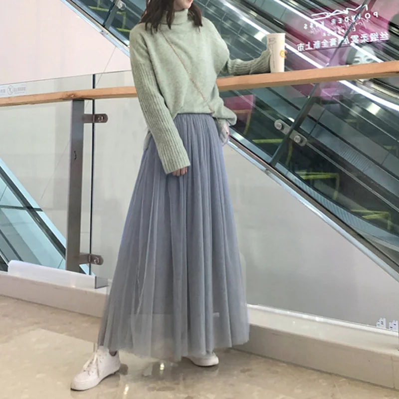 OHRYIYIE Otoño Invierno Vintage Maxi Falda Larga de Tul Mujeres Verano Faldas de Malla de Cintura Alta Falda Tutú Plisada Mujer Jupe Longue