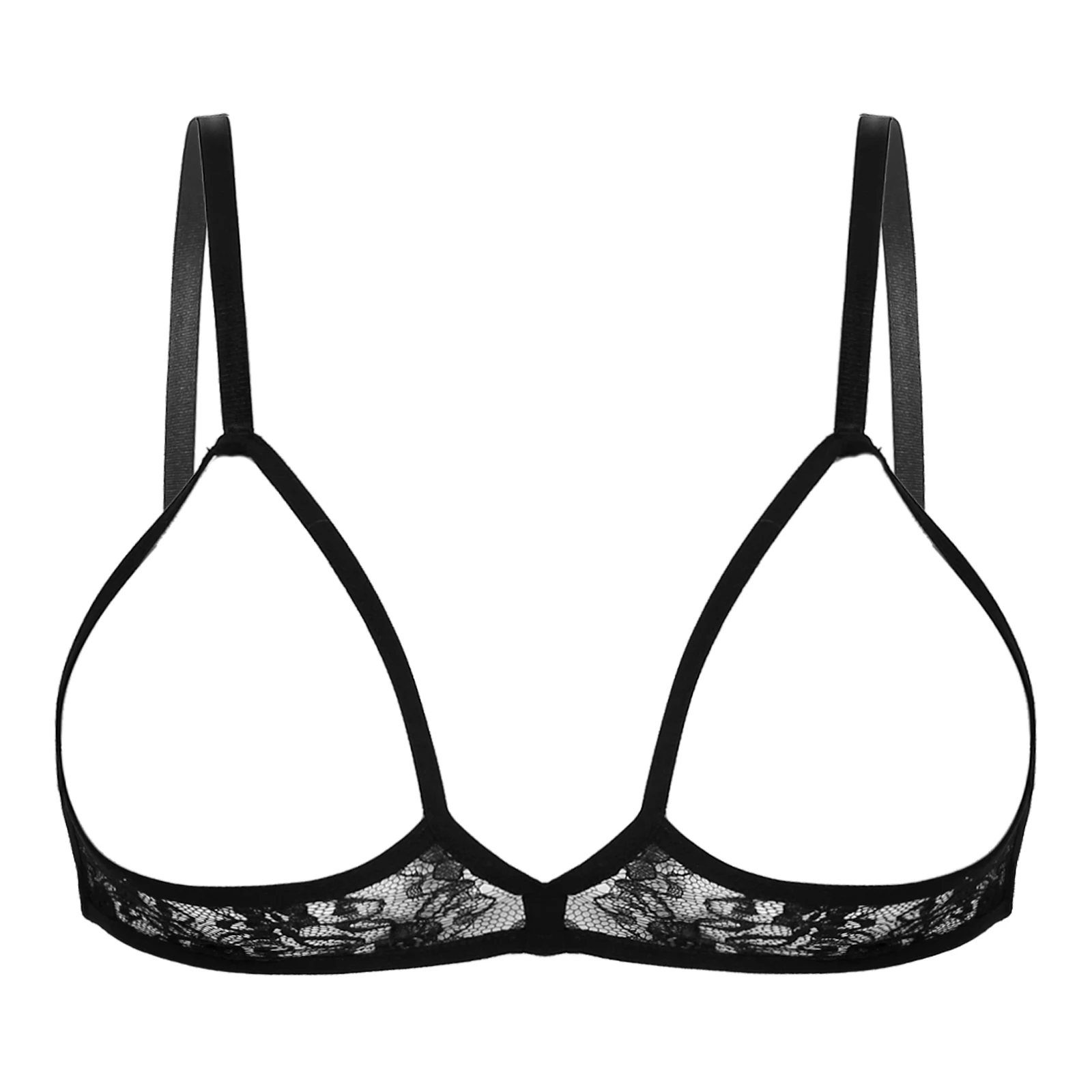 Women Sheer Lace Lingerie Hollow Out Wireless Bra Top Sexy Half Cup Open Nipples Bra Adjustable Shoulder Straps Unlined Bralette