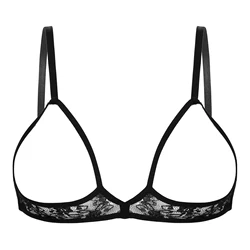 Women Sheer Lace Lingerie Hollow Out Wireless Bra Top Sexy Half Cup Open Nipples Bra Adjustable Shoulder Straps Unlined Bralette