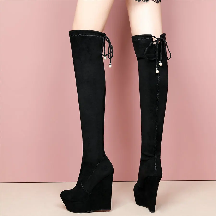 Women Lace Up Stretchy Velvet Wedges High Heel Over The Knee High Motorcycle Boots Female Chunky Platform Thigh High Pumps Shoes