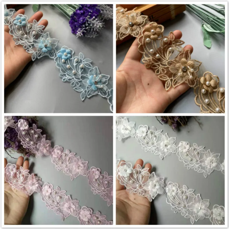 

10x 3D Pearl Beaded Flower Embroidered Lace Trim Ribbon Floral Applique Patches Dress Fabric Sewing Craft Vintage 6.5X10.5cm