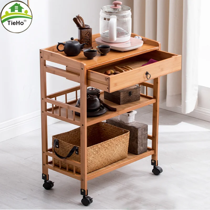 TieHo 3 Tier Bamboo Shelf Serving Table with Wheels Drawer Kitchen Storage Cart Bar Cart  Chinese Wine Tea  Island Trolley