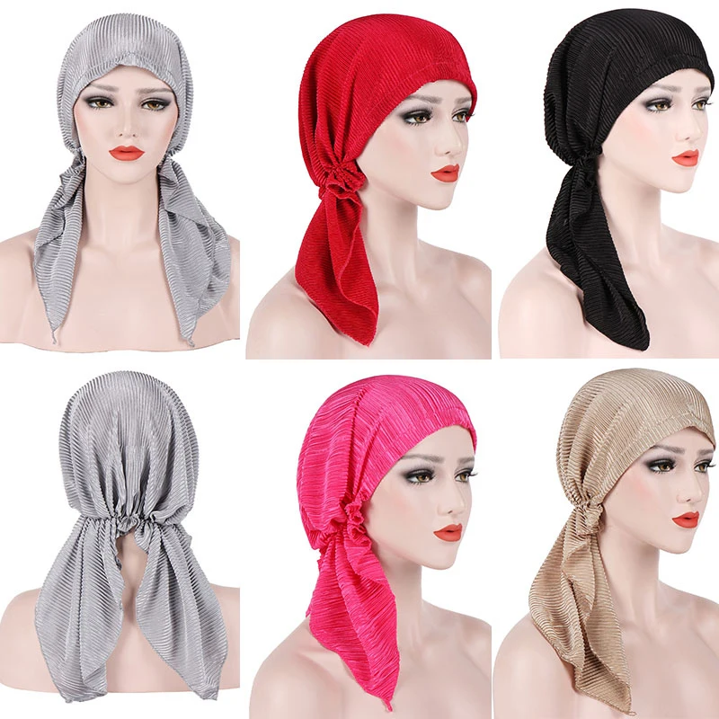 Fashion Pleated Women Muslim hijabs Solid Color Head Scarf Turban Bonnet Islamic Headwrap underscarf Ladies Pre-Tied Hijab caps