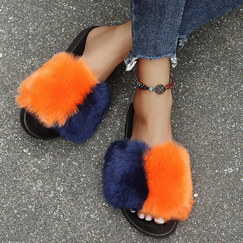 2021 New Fashion Fur Slides Indoor Warm Ladies Flip Flop Platform Shoes Plus Size 42 Furry Slides for Women Fur Soft Flat Shoes