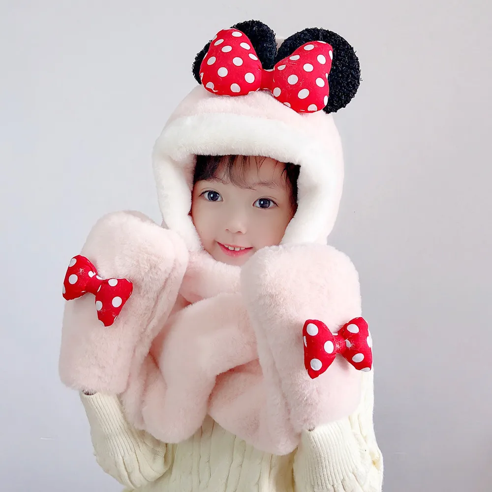 Baby Girl Hat Boys Winter Warm Plush Hats Hooded Scarf Gloves Set Protect Ears Cute Bowknot Children Cap Photography Accessories