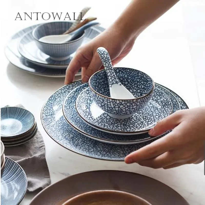 ANTOWALL 7pcs/set Japanese Style Ceramic Dinnerware Set Blue Kitchen Tableware Included Bowls Dishes Plates