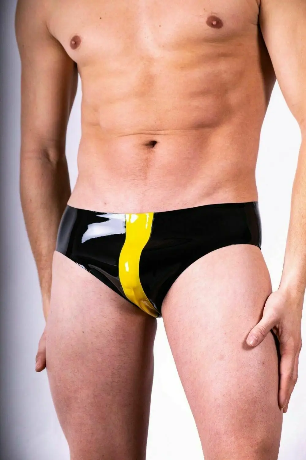 

Handmade Men Latex Briefs Black Underwerar Rubber Shorts Fetish with Stripe Frot