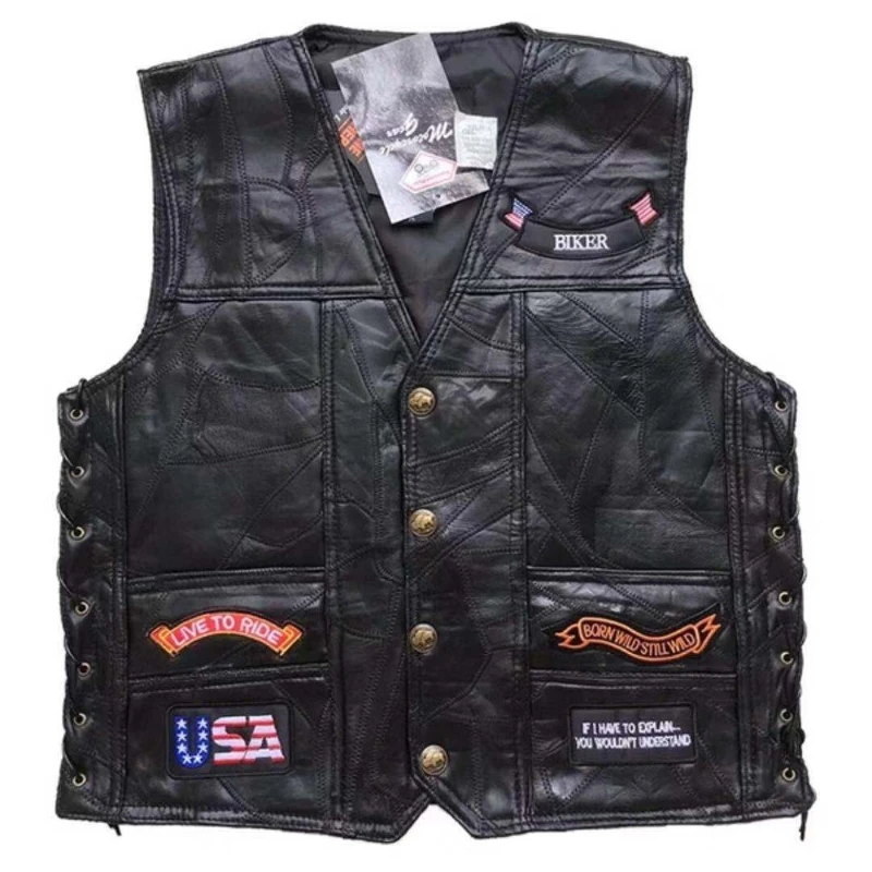 Motocycle Vest Men\'s Stitching Sheepskin Leather Waistcoat with Embroidered Badge Motocross Equipment Motocycle Jacket VL004