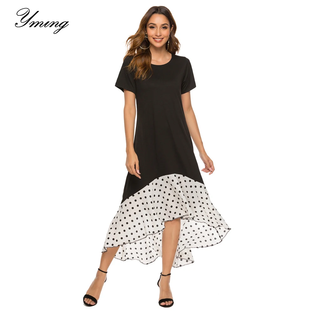 

YMING Women's Summer Patchwork Dot Dress Round Neck Casual Dress Work Out Party Women's Spotted Dress Irregular Dress