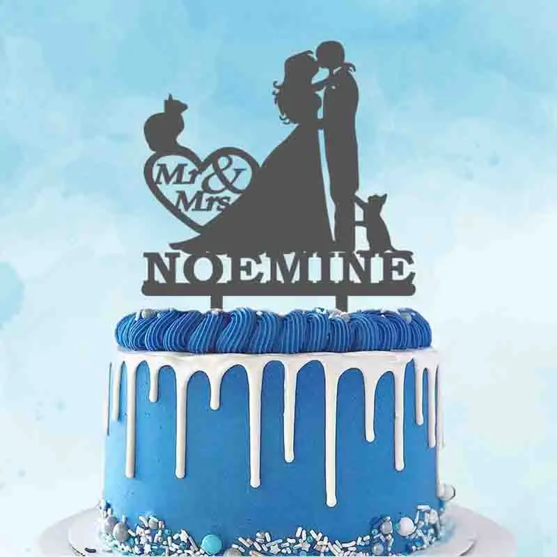 Personalized Mr Mrs Name,Couples and Lovely Cat Silhouette Acrylic Cake Topper YC009