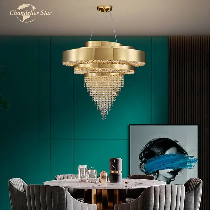 

Luxury LED Chandeliers Postmodern Gold Stainless Steel Beaded Crystal Tassel Lamps Lustre Bedroom Living Room Lights Fixture